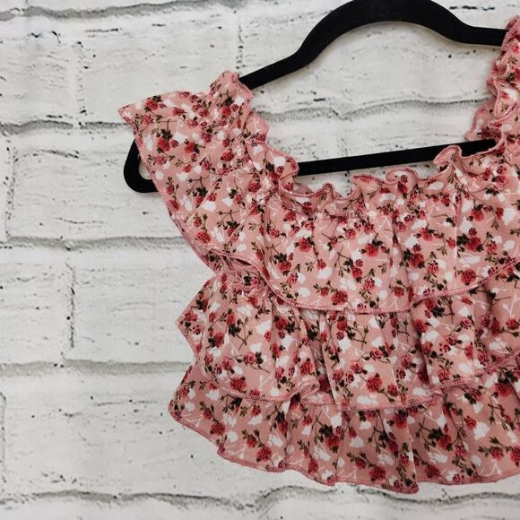 Cider Floral Cropped Elastic Off the Shoulder Top Ruffle Pink Women's XS - Picture 2 of 8